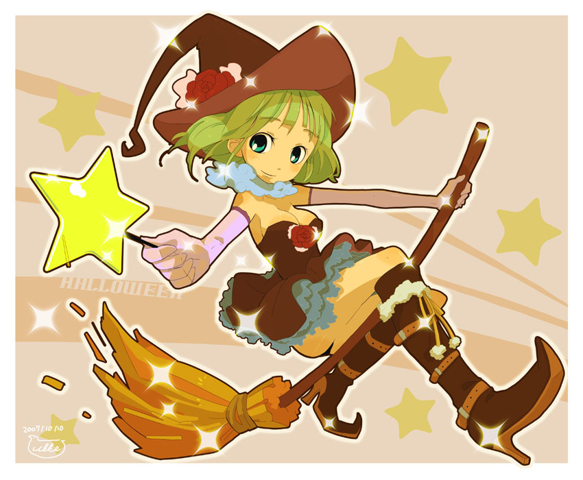 ukke, original, boots, broom, broom riding, elbow gloves, gloves, hat, solo, witch hat