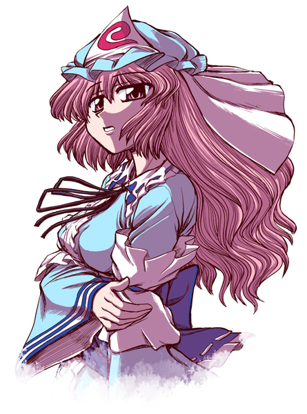 miyamoto ryuuchii, miyamoto ryuuichi, saigyouji yuyuko, touhou, breast hold, eyebrows, 1girl, bow, bowtie, breasts, female focus, hat, holding own arm, japanese clothes, kimono, long hair, looking at viewer, obi, open mouth, pink eyes, pink hair, sash, simple background, solo, teeth, triangular headpiece, upper body, veil, wavy hair, white background, wide sleeves