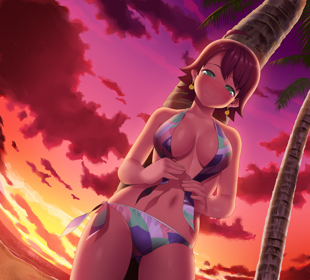 lunch (shin new), awakened miki, hoshii miki, idolmaster, idolmaster (classic), idolmaster 1, 00s, 1girl, ahoge, bare shoulders, beach, bikini, blush, breasts, breasts apart, brown hair, collarbone, dutch angle, earrings, facing viewer, female focus, from below, front-tie bikini top, front-tie top, green eyes, half-closed eyes, head tilt, jewelry, large breasts, legs apart, looking at viewer, naughty face, navel, outdoors, palm tree, short hair, side-tie bikini bottom, sky, smile, solo, standing, strap gap, sunset, swimsuit, tareme, tree, undressing, untied bikini