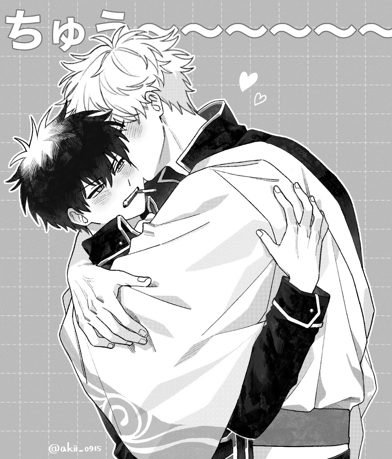 akii 0915, hijikata toushirou, sakata gintoki, gintama, commentary request, highres, translation request, 2boys, arm around shoulder, arm up, blush, cigarette, closed eyes, collared jacket, cowboy shot, double-parted bangs, fingernails, greyscale, grid background, hair between eyes, heart, jacket, long sleeves, looking to the side, male focus, monochrome, multiple boys, popped collar, short hair, teeth, twitter username, upper teeth only, wave print, wide sleeves, wing collar, yaoi