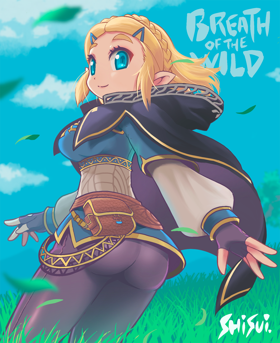 shisui, princess zelda, nintendo, the legend of zelda, the legend of zelda: breath of the wild, the legend of zelda: tears of the kingdom, commentary, highres, 1girl, alternate eye color, artist name, ass, black cape, black gloves, black pants, blonde hair, blue shirt, blue sky, braid, breasts, cape, closed mouth, copyright name, cowboy shot, crown braid, falling leaves, fingerless gloves, gloves, gold trim, grass, hood, hood down, hooded cape, leaf, medium breasts, pants, pointy ears, shirt, short hair, sidelocks, sky, smile, solo, tight clothes, tight pants
