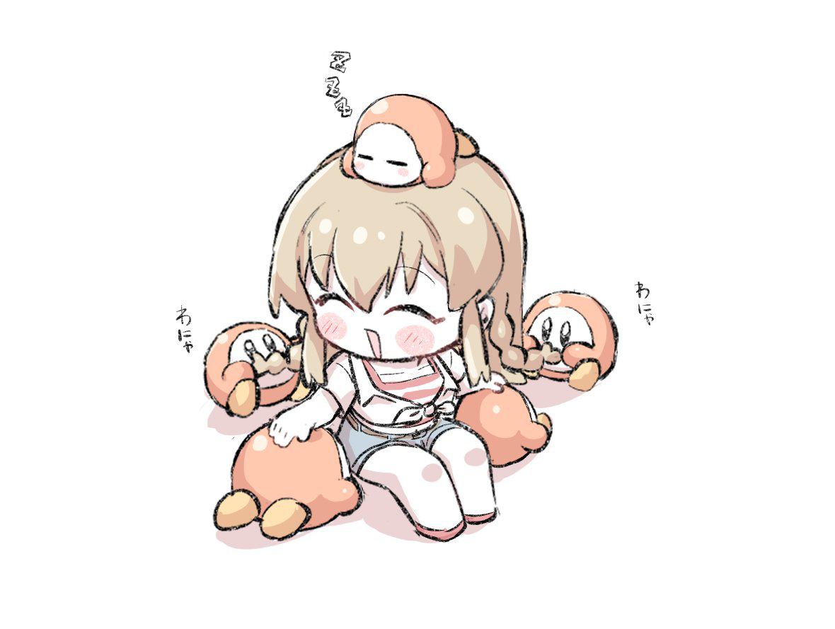 ngetyan, kousaka umi, waddle dee, idolmaster, idolmaster million live!, kirby (series), nintendo, commentary request, translation request, 1girl, ^ ^, blush stickers, braid, brown hair, closed eyes, crossover, headpat, open mouth, shorts, simple background, sitting, solo, white background, zzz