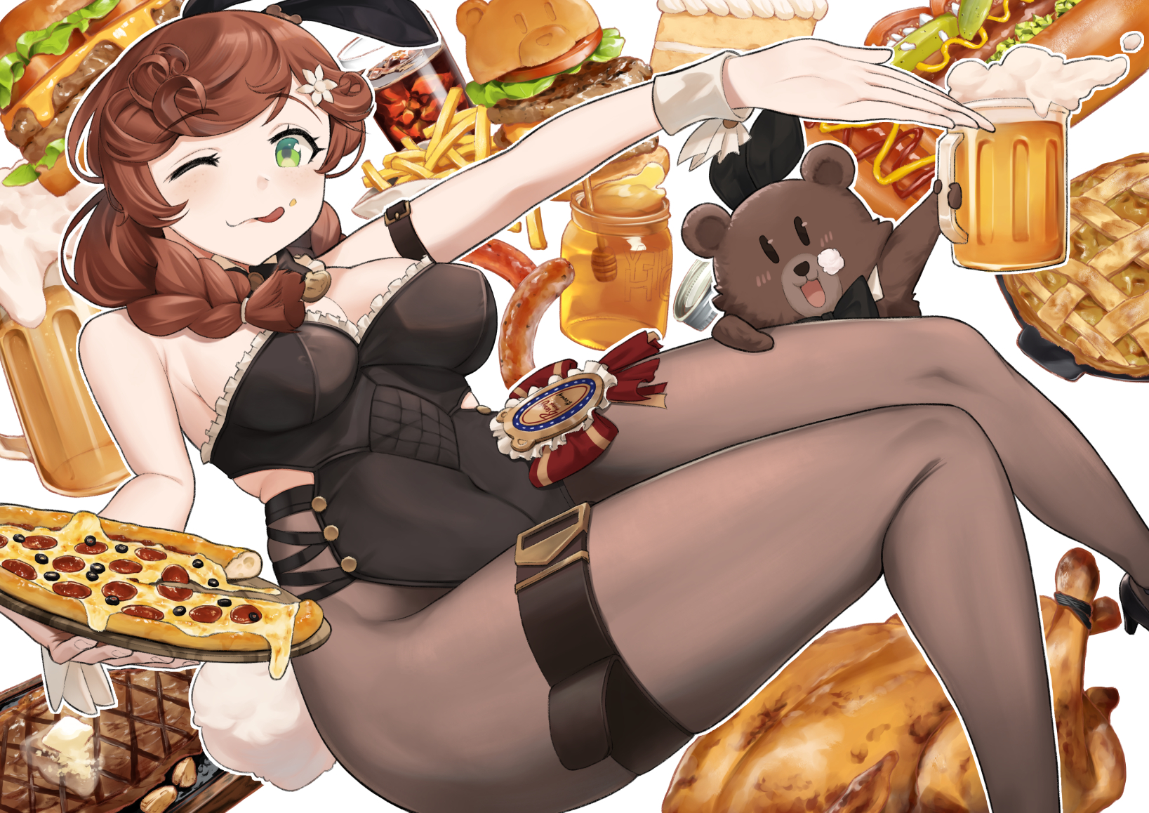 bunny bunny (reverse:1999), reverse:1999, highres, 1girl, :q, alcohol, animal ears, animalization, badge, beer, beer mug, black bow, black bowtie, black leotard, black pantyhose, bow, bowtie, braid, breasts, brown hair, burger, chicken (food), cleavage, clothing cutout, cola, cup, detached collar, fake animal ears, feet out of frame, flower, food, food-themed background, food on face, french fries, green eyes, hair flower, hair ornament, holding, holding tray, honey dipper, honeypot, large breasts, leotard, low twin braids, medium hair, mug, okome (user kyty2373), outstretched arm, pantyhose, person and animalization, pie, pizza, rabbit ears, sausage, side cutout, solo, steak, strapless, strapless leotard, stuffed animal, stuffed toy, teddy bear, tongue, tongue out, too much food, traditional bowtie, tray, twin braids, white background, white wrist cuffs, wrist cuffs