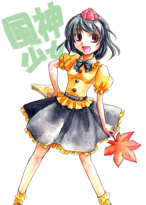 fifty, shameimaru aya, touhou, 1girl, belt, black hair, black skirt, brown eyes, buttons, contrapposto, female focus, hand fan, hat, holding, kneehighs, looking at viewer, open mouth, shirt, short hair, simple background, skirt, smile, socks, solo, standing, tokin hat, white background, yellow shirt, yellow socks
