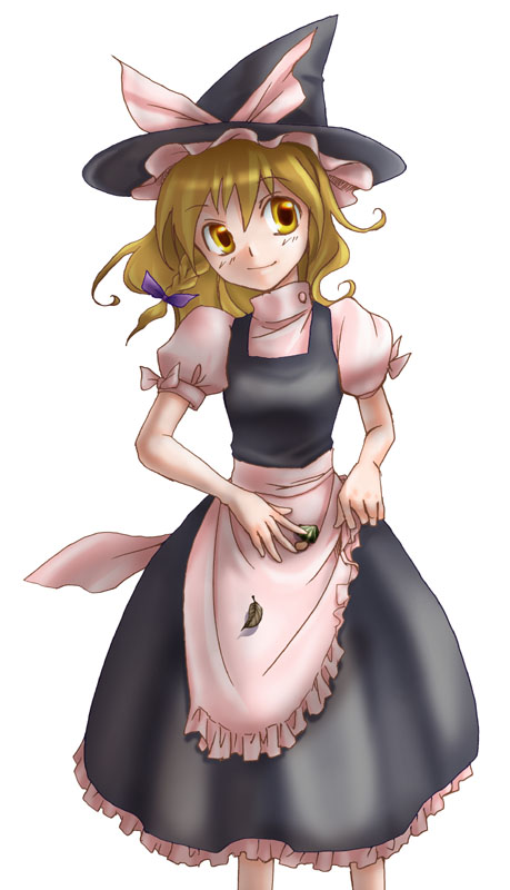 fifty, kirisame marisa, touhou, eyebrows, 1girl, apron, black hat, black skirt, black vest, blonde hair, bow, braid, closed mouth, female focus, frilled apron, frills, hair bow, hat, hat bow, hat ribbon, leaf, long hair, puffy short sleeves, puffy sleeves, purple bow, ribbon, shirt, short sleeves, simple background, skirt, smile, solo, vest, waist apron, white apron, white background, white bow, white ribbon, white shirt, witch hat, yellow eyes