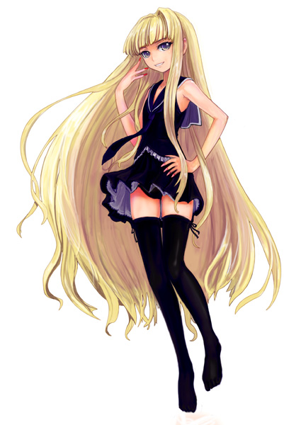 ikara, evangeline a.k. mcdowell, mahou sensei negima!, 00s, 1girl, blonde hair, female focus, flat chest, long hair, miniskirt, purple eyes, skirt, solo, thighhighs, vampire, very long hair, zettai ryouiki