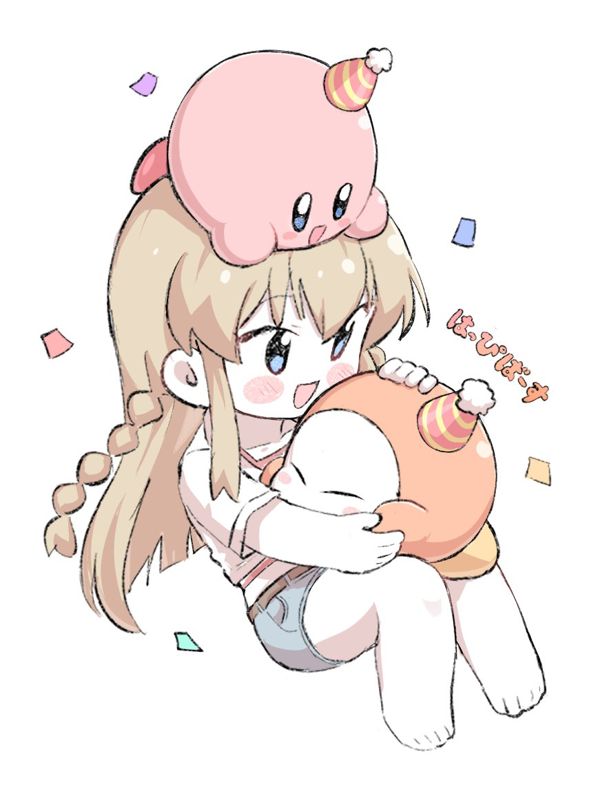 ngetyan, kirby, kousaka umi, waddle dee, idolmaster, idolmaster million live!, kirby (series), nintendo, commentary request, translation request, blue eyes, blush stickers, braid, brown hair, chibi, chibi only, confetti, crossover, full body, long hair, mini party hat, open mouth, shorts, simple background, white background