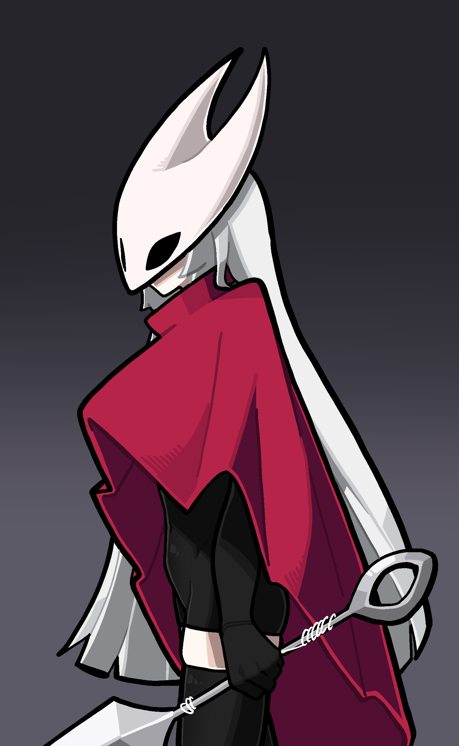 min lona, hornet (hollow knight), hollow knight, hollow knight: silksong, highres, 1girl, cloak, holding, hollow eyes, horned mask, mask, needle (hollow knight), red cloak, simple background, solo, standing, thighhighs, weapon, white hair