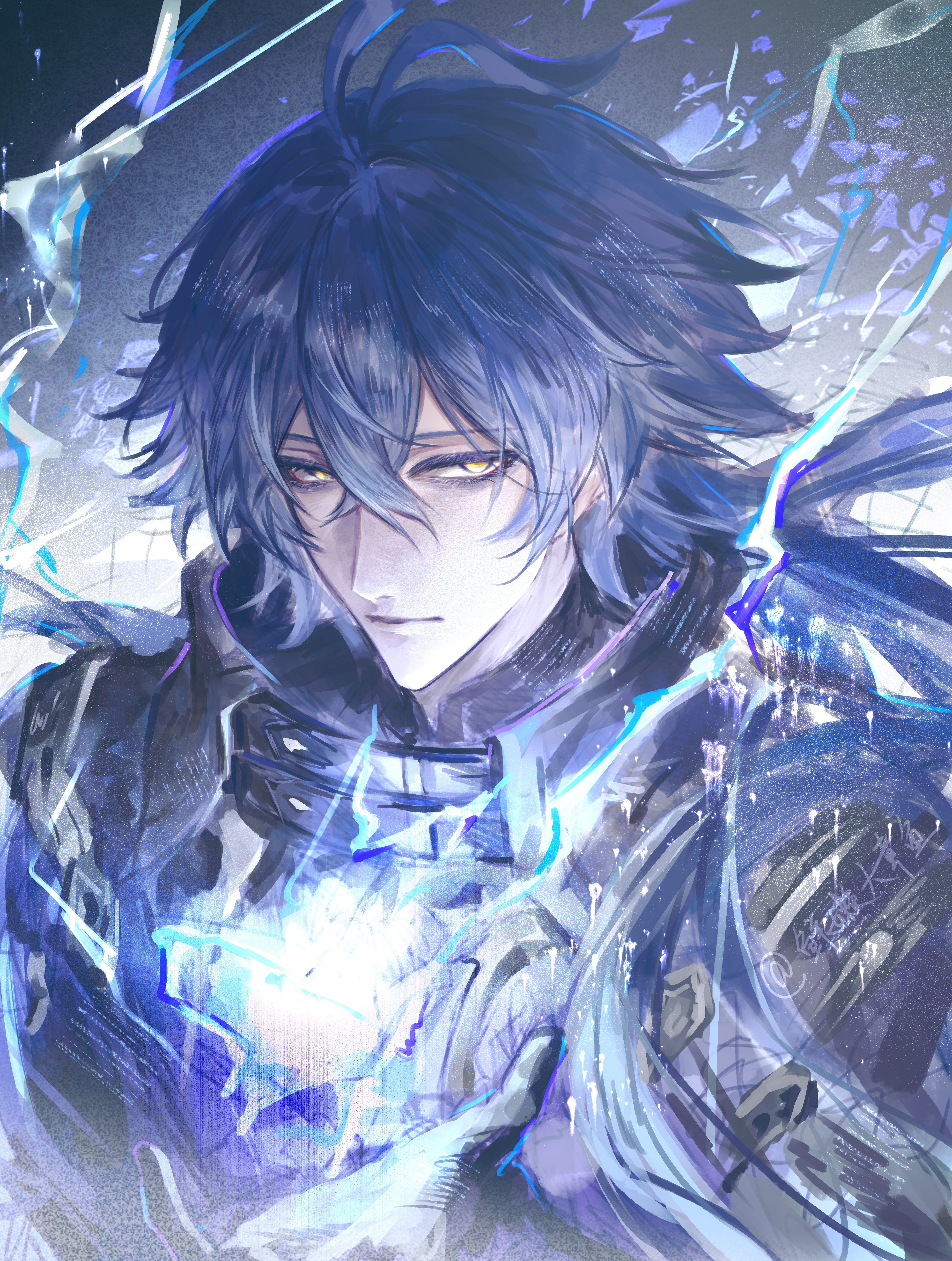 5826609117, flins (genshin impact), genshin impact, absurdres, chinese commentary, highres, 1boy, ahoge, antenna hair, bags under eyes, black coat, black gloves, blue fire, blue hair, closed mouth, coat, curly hair, electricity, fire, gloves, glowing, gradient background, hair between eyes, huge ahoge, lofter username, long hair, long sleeves, looking at viewer, looking to the side, no pupils, shade, solo, upper body, yellow eyes