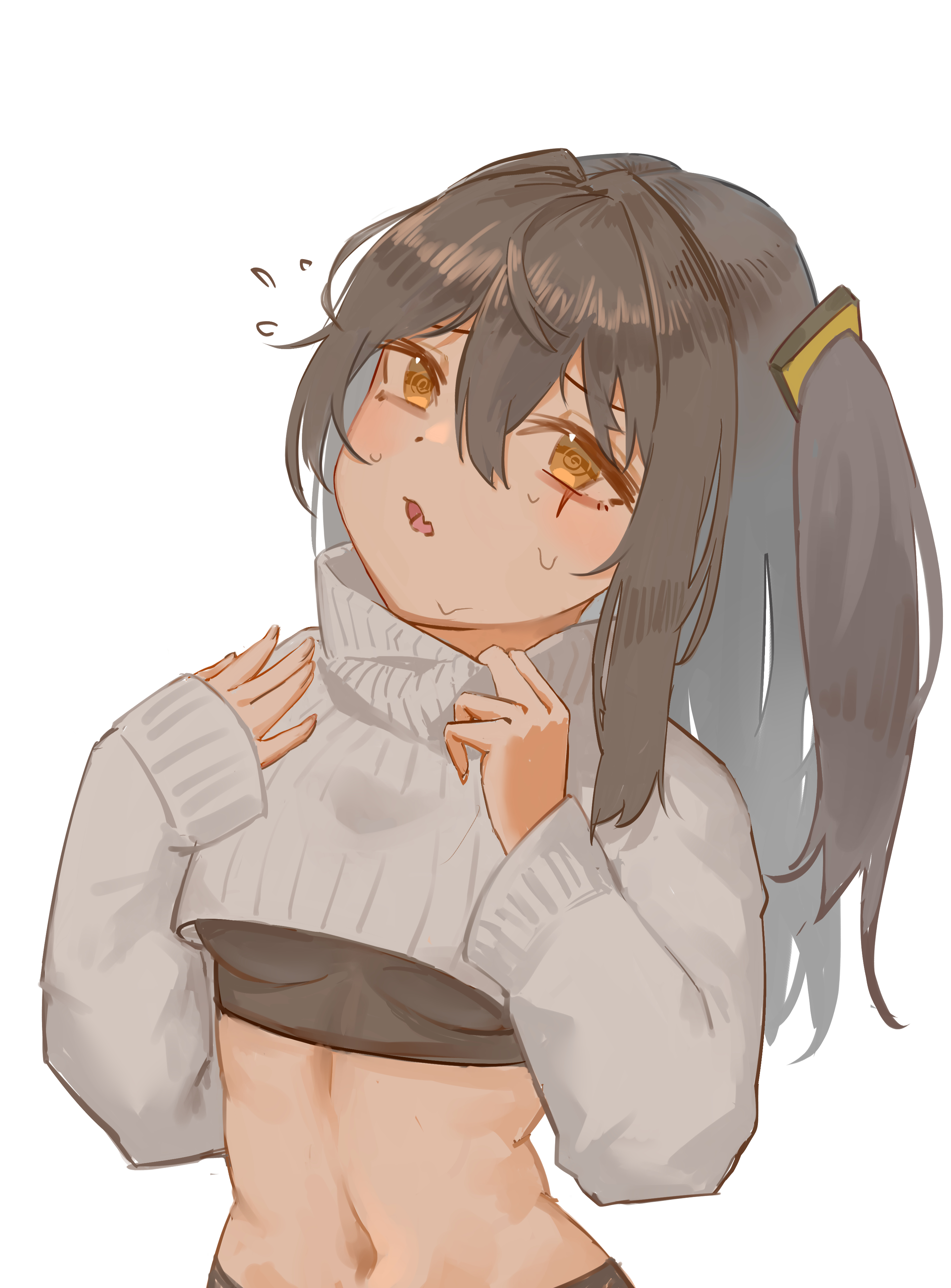papaba, ump45 (girls' frontline), girls' frontline, absurdres, highres, 1girl, @ @, black sports bra, breasts, brown hair, cropped sweater, flying sweatdrops, hair ornament, hot, long hair, midriff, navel, one side up, ribbed sweater, scar, scar across eye, scar on face, simple background, small breasts, solo, sports bra, sports bra peek, sweater, turtleneck, turtleneck sweater, underboob, upper body, white background, white sweater, yellow eyes