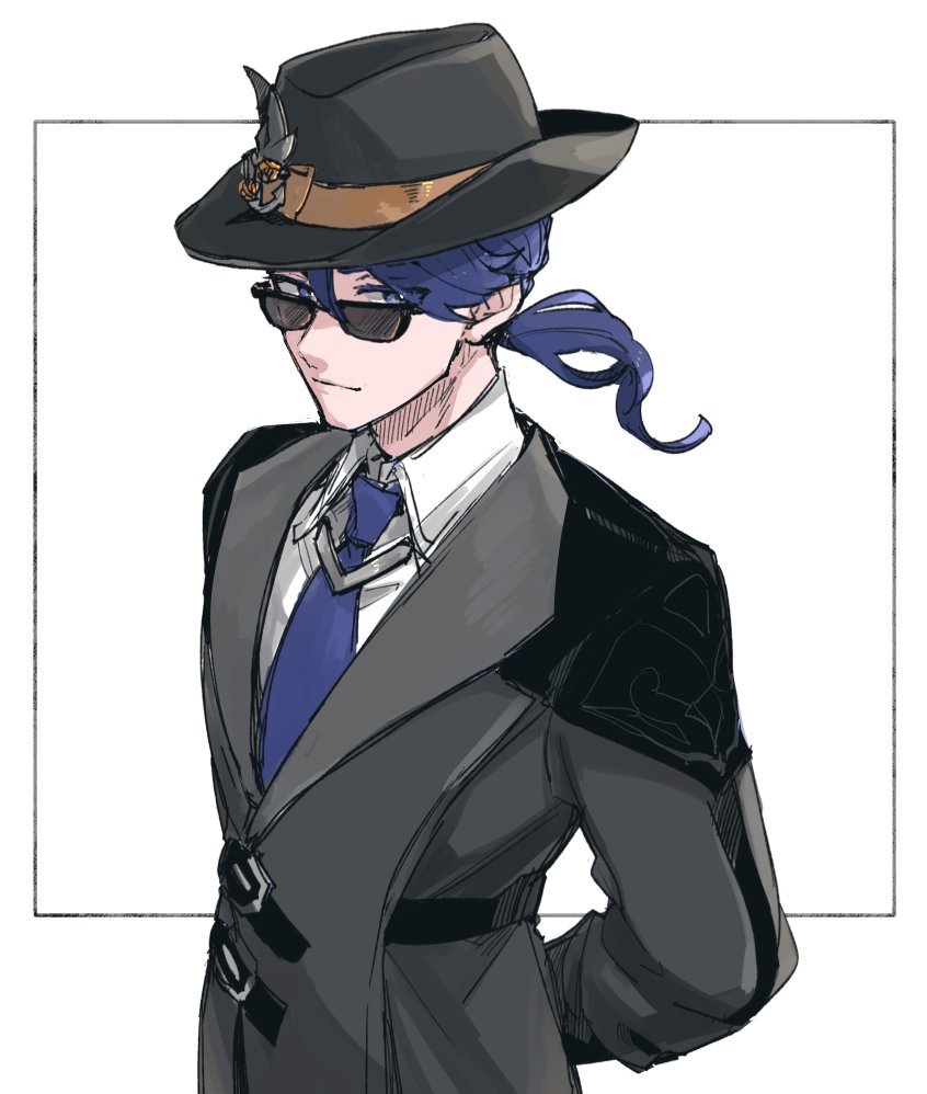 nendo (n), silver (genshin impact), genshin impact, commentary request, 1boy, arms behind back, black hat, blue eyes, blue hair, blue necktie, closed mouth, coat, collared shirt, fedora, grey coat, hair between eyes, hat, hat ornament, lapels, long hair, long sleeves, looking at viewer, low ponytail, male focus, necktie, ponytail, shirt, simple background, smile, solo, sunglasses, upper body, white background, white shirt, wing collar