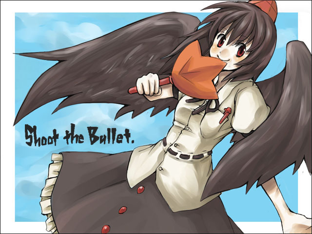 elista, shameimaru aya, touhou, 1girl, black hair, black wings, female focus, hat, red eyes, sky, solo, tokin hat, wings