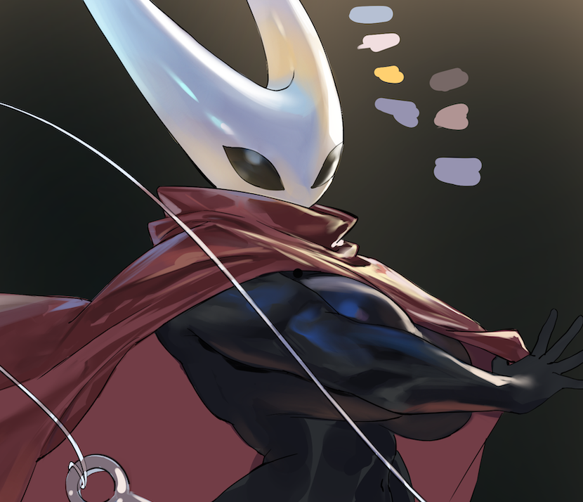 taiyang yu, hornet (hollow knight), hollow knight, hollow knight: silksong, 1girl, arthropod girl, black bodysuit, bodysuit, breasts, cloak, large breasts, looking at viewer, mask, muscular, muscular female, needle (hollow knight), needle sword, simple background, solo, string