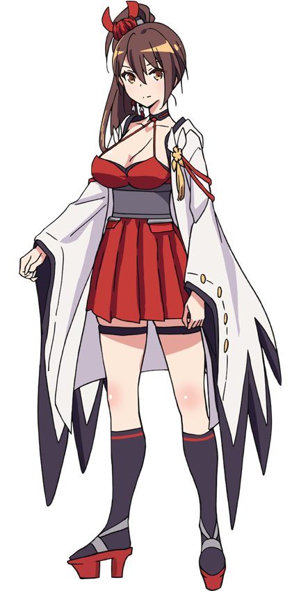 zuikaku (azur lane), azur lane, official art, 1girl, anime coloring, bare shoulders, black socks, breasts, brown eyes, brown hair, cleavage, closed mouth, collarbone, detached sleeves, dress, full body, hair between eyes, hair ornament, japanese clothes, large breasts, long hair, looking at viewer, obi, ogiwara rokou, platform sandals, ponytail, red dress, red sandals, sandals, sash, simple background, smile, socks, solo, spaghetti strap, standing, tachi-e, transparent background, v-shaped eyebrows, very long hair, wide sleeves