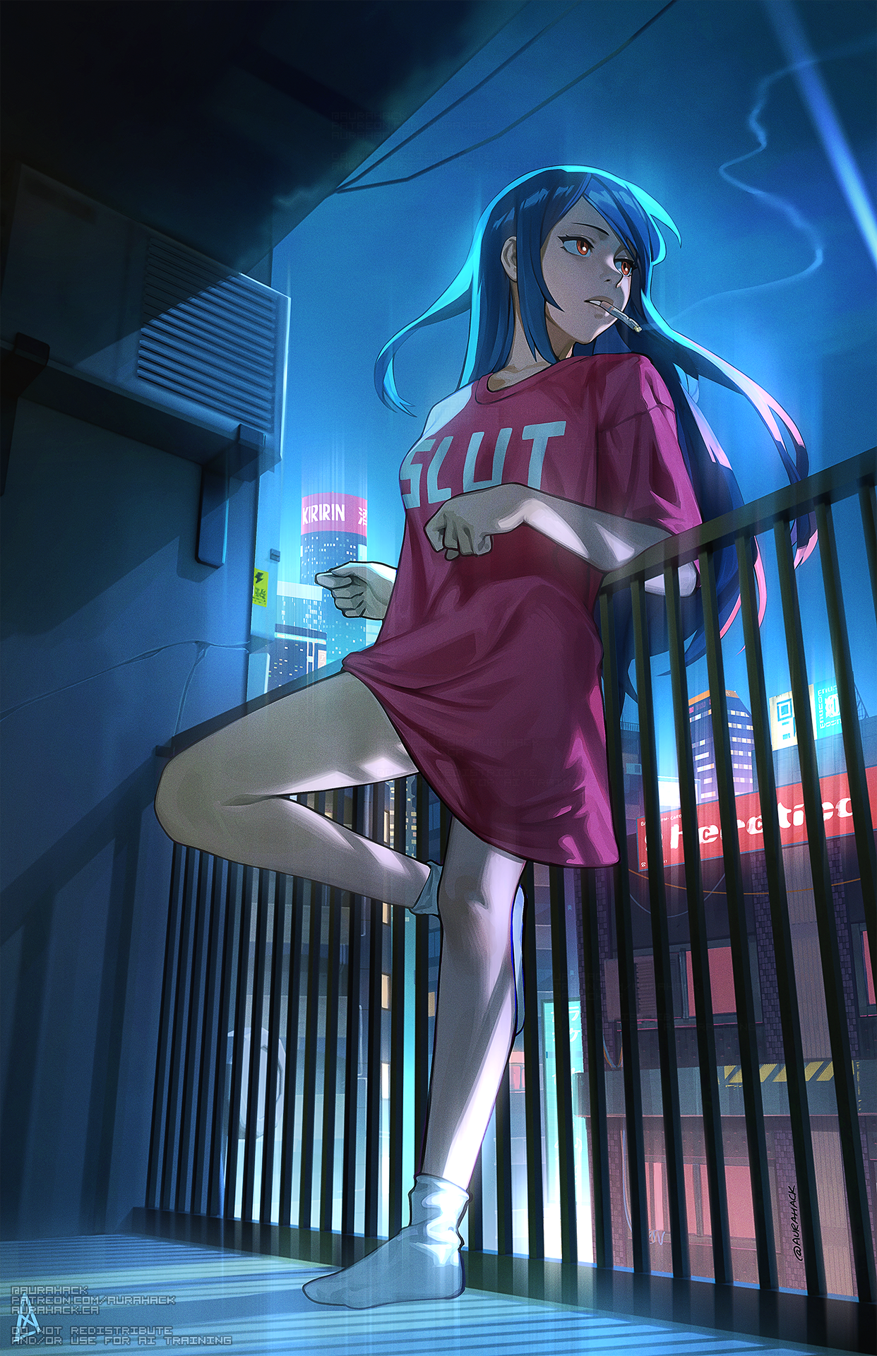 aurahack, jill stingray, va-11 hall-a, slut shirt, highres, 1girl, air conditioner, balcony, breasts, building, cigarette, cityscape, clothes writing, fuck-me shirt, long hair, night, night sky, no pants, oversized clothes, oversized shirt, pink shirt, profanity, purple hair, railing, red eyes, scenery, shirt, sky, smoke, smoke trail, smoking, socks, solo, t-shirt, twintails, white socks