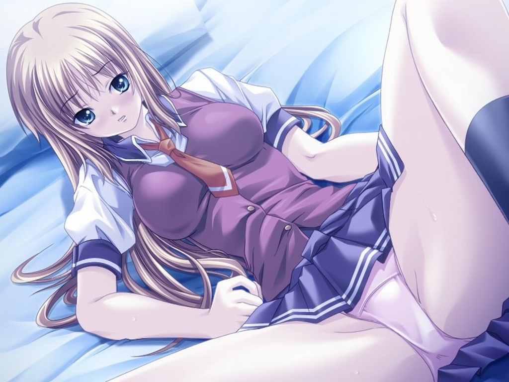 nanahoshi kasuga, kougeki shoujo falselion, game cg, 1girl, aqua eyes, bed, blonde hair, blush, female focus, long hair, panties, pantyshot, pink panties, school uniform, serafuku, skirt, solo, spread legs, underwear, upskirt