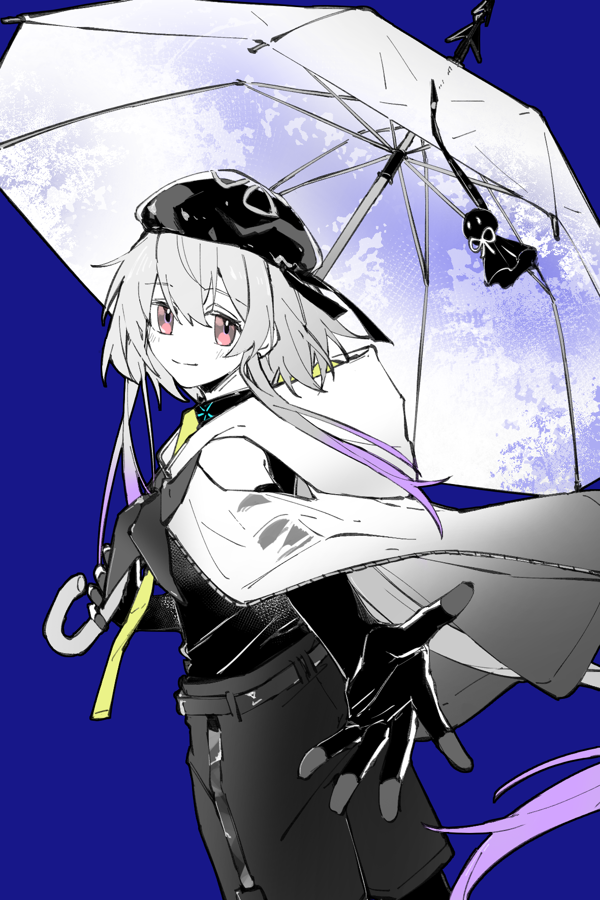 piaoliu ping ping ping pingzi, infection monitor (arknights), mizuki (arknights), arknights, chinese commentary, commentary request, highres, partial commentary, 1boy, beret, closed mouth, cowboy shot, elbow gloves, gloves, hair between eyes, hat, holding, holding umbrella, hood, hood down, looking at viewer, male focus, neckerchief, no nose, outstretched arm, outstretched hand, partially colored, pink eyes, pink hair, purple background, reaching, reaching towards viewer, short hair with long locks, shorts, simple background, smile, solo, standing, teruterubouzu, umbrella