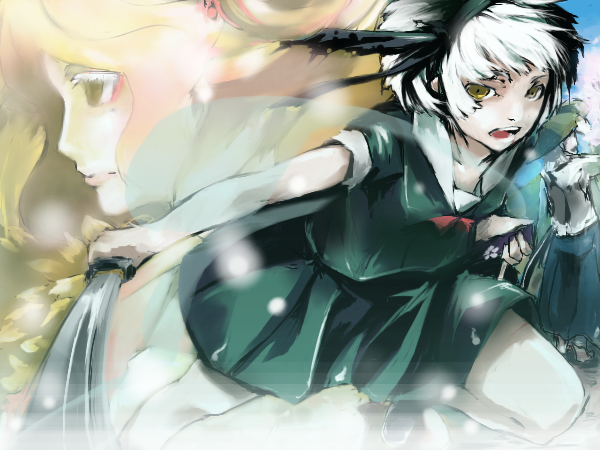 enpou, konpaku youki, konpaku youmu, konpaku youmu (ghost), saigyouji yuyuko, touhou, 1boy, 2girls, cherry blossoms, hat, hitodama, katana, multiple girls, sword, weapon