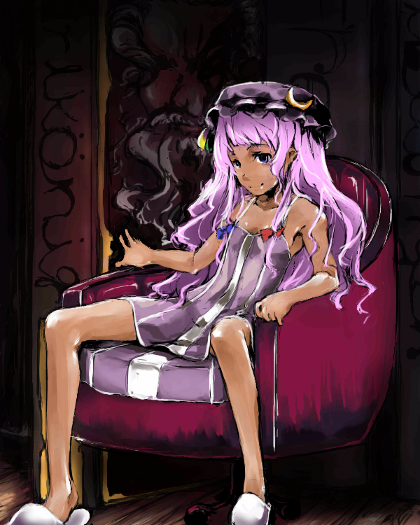 enpou, patchouli knowledge, touhou, 1girl, armchair, blue ribbon, chair, crescent, crescent hair ornament, dark-skinned female, dark skin, dress, female focus, hair ornament, hat, long hair, mob cap, purple eyes, purple hair, red ribbon, ribbon, sitting, slippers, solo, striped clothes, striped dress, vertical stripes