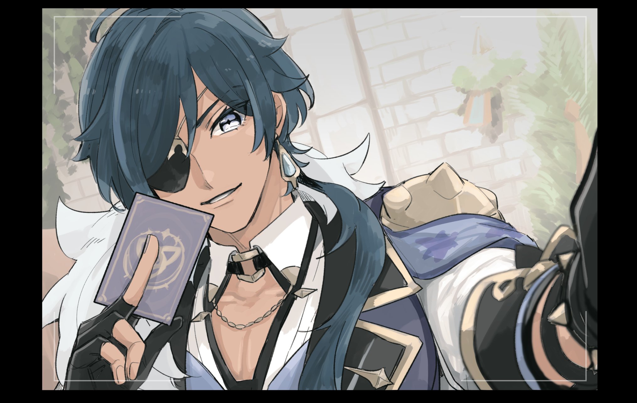 nendo (n), kaeya (genshin impact), genshin impact, commentary request, highres, 1boy, armband, black border, black gloves, blue armband, blue eyes, blue hair, blue vest, blurry, blurry background, border, bracelet, card, cleavage cutout, clothing cutout, collared shirt, dark-skinned male, dark skin, earrings, eyepatch, fingerless gloves, fur trim, gloves, gold trim, hair between eyes, hair over shoulder, hand up, holding, holding card, jewelry, lapels, long hair, long sleeves, looking at viewer, low ponytail, male focus, multicolored hair, one eye covered, outstretched arm, parted bangs, parted lips, playing card, ponytail, selfie, shirt, single earring, sleeve cuffs, smile, solo, spiked bracelet, spikes, stone wall, streaked hair, tree, upper body, vest, viewfinder, white shirt, wing collar