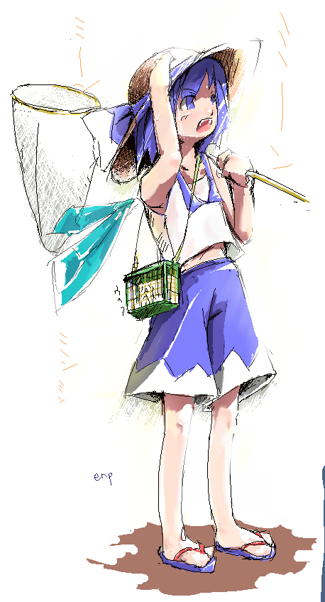 enpou, cirno, touhou, 1girl, adapted costume, blouse, butterfly net, female focus, full body, hand net, hat, net, oekaki, sandals, shirt, shorts, sleeveless, sleeveless shirt, solo, standing, white background