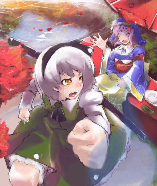 enpou, konpaku youmu, saigyouji yuyuko, touhou, silver hair, 2girls, :o, autumn, autumn leaves, clenched hand, day, dress, female focus, ghost, green dress, holding, holding behind back, katana, lake, leaf, multiple girls, open mouth, outdoors, pink eyes, pink hair, sheath, sheathed, short hair, sword, water, weapon