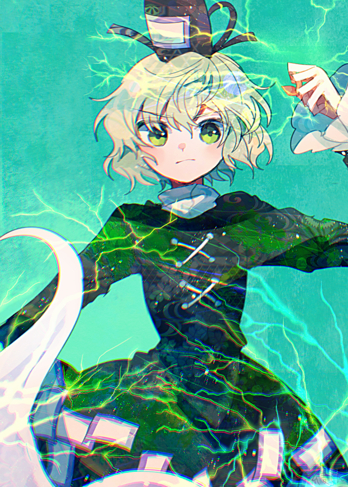 itomugi-kun, soga no tojiko, touhou, 1girl, arm up, black hat, clenched hand, closed mouth, cowboy shot, dress, electricity, ghost tail, green background, green dress, green eyes, hat, long sleeves, looking at viewer, ofuda, ofuda on clothes, short hair, solo, tate eboshi, v-shaped eyebrows
