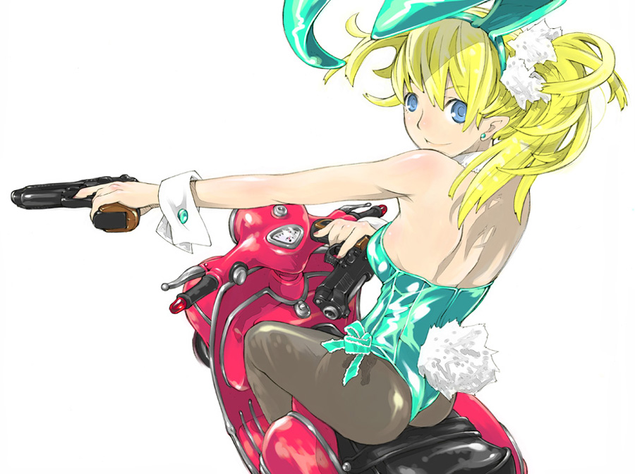 haku (artist), haku (sabosoda), original, vehicle, 1girl, animal ears, dual wielding, fake animal ears, female focus, finger on trigger, gun, handgun, holding, leotard, motor vehicle, motorcycle, pantyhose, pistol, playboy bunny, rabbit ears, scooter, solo, weapon