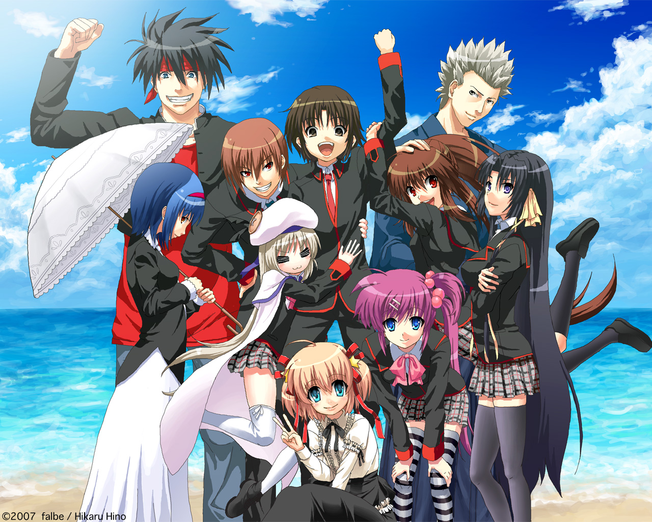 hino hikaru, inohara masato, kamikita komari, kurugaya yuiko, miyazawa kengo, naoe riki, natsume kyousuke, natsume rin, nishizono mio, noumi kudryavka, saigusa haruka, little busters!, 4boys, 6+girls, bow, cloud, day, everyone, multiple boys, multiple girls, ocean, parasol, pink bow, plaid clothes, plaid skirt, school uniform, serafuku, skirt, sky, umbrella