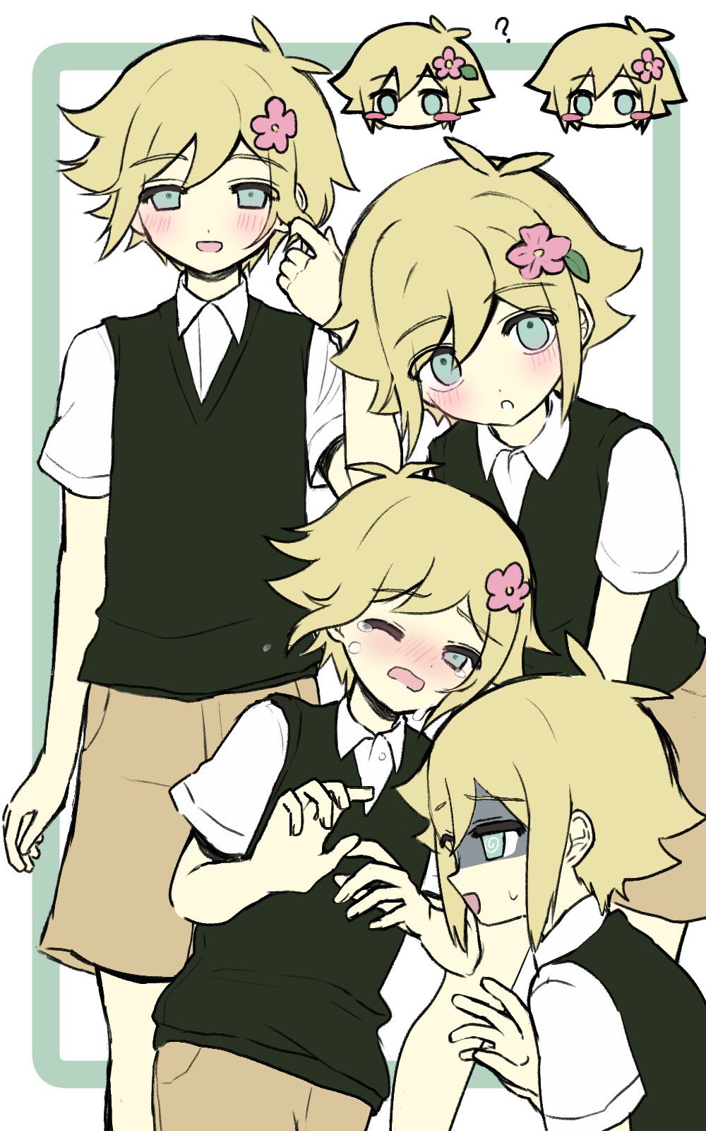 true erg, basil (faraway) (omori), basil (omori), omori, highres, 1boy, ?, antenna hair, blonde hair, blue eyes, blush, blush stickers, brown shorts, chibi, collared shirt, double-parted bangs, flower, green sweater vest, hair flower, hair ornament, looking at viewer, male focus, one eye closed, open mouth, shaded face, shirt, short hair, short sleeves, shorts, sidelocks, sketch, smile, solo, sweatdrop, sweater vest, white shirt