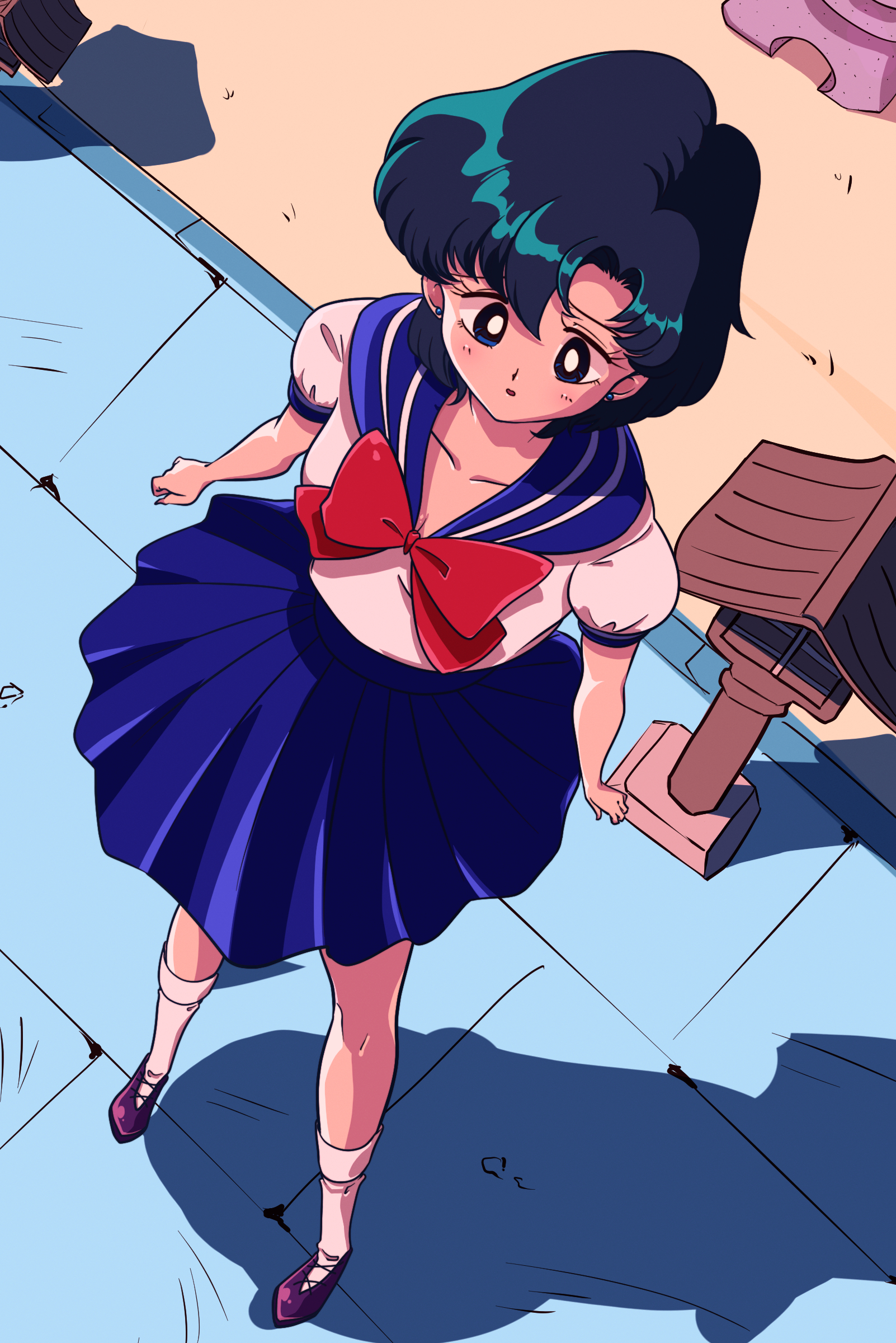 vfwe2535, mizuno ami, bishoujo senshi sailor moon, absurdres, highres, 1girl, blue eyes, blue hair, blue sailor collar, bow, juuban middle school uniform, red bow, sailor collar, school uniform, serafuku, shirt, short hair, solo, white shirt