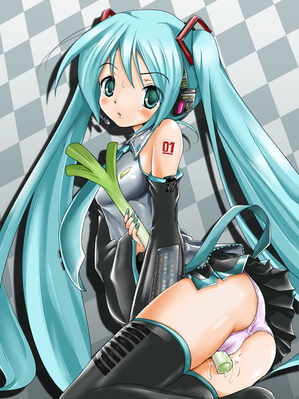 natsume fumika, hatsune miku, vocaloid, 1girl, aqua necktie, ass, black thighhighs, blouse, blush, breasts, cameltoe, checkered background, collared shirt, crotch rub, detached sleeves, female focus, female masturbation, frilled shirt, frills, green hair, grey background, grey shirt, long hair, masturbation, masturbation through clothes, necktie, panties, pantyshot, pink panties, pussy juice, shirt, shoulder tattoo, sitting, sleeveless, sleeveless shirt, solo, spring onion, sweat, tattoo, thighhighs, twintails, underwear, very long hair, zettai ryouiki