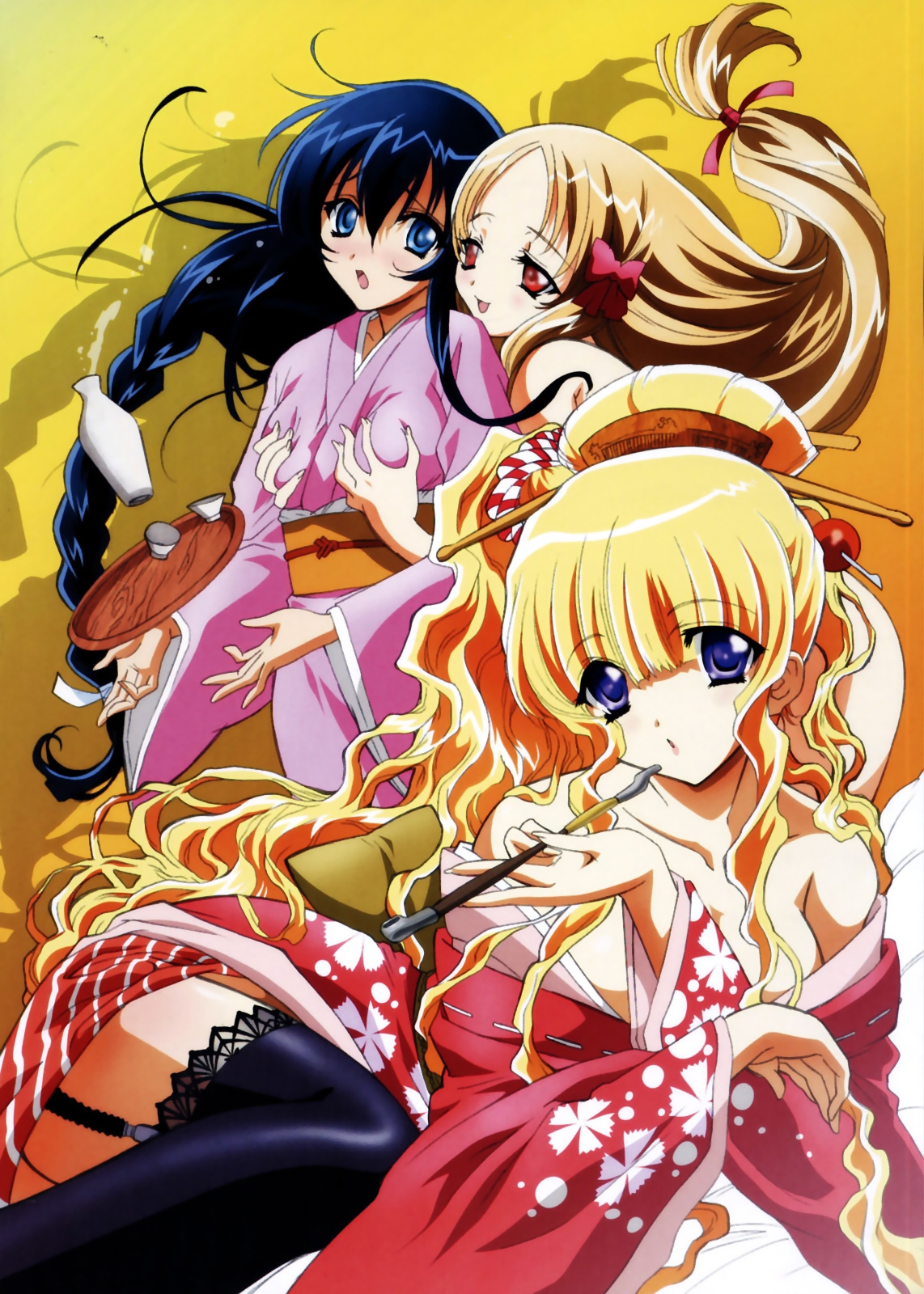 carnelian, nishida asako, azuma hatsumi, azuma hazuki, lilith (yamibou), yami to boushi to hon no tabibito, highres, 00s, 3girls, blonde hair, blue eyes, breasts, garter straps, grabbing another's breast, groping, japanese clothes, kimono, long hair, looking at viewer, medium breasts, multiple girls, off shoulder, red eyes, small breasts, thighhighs, yuri