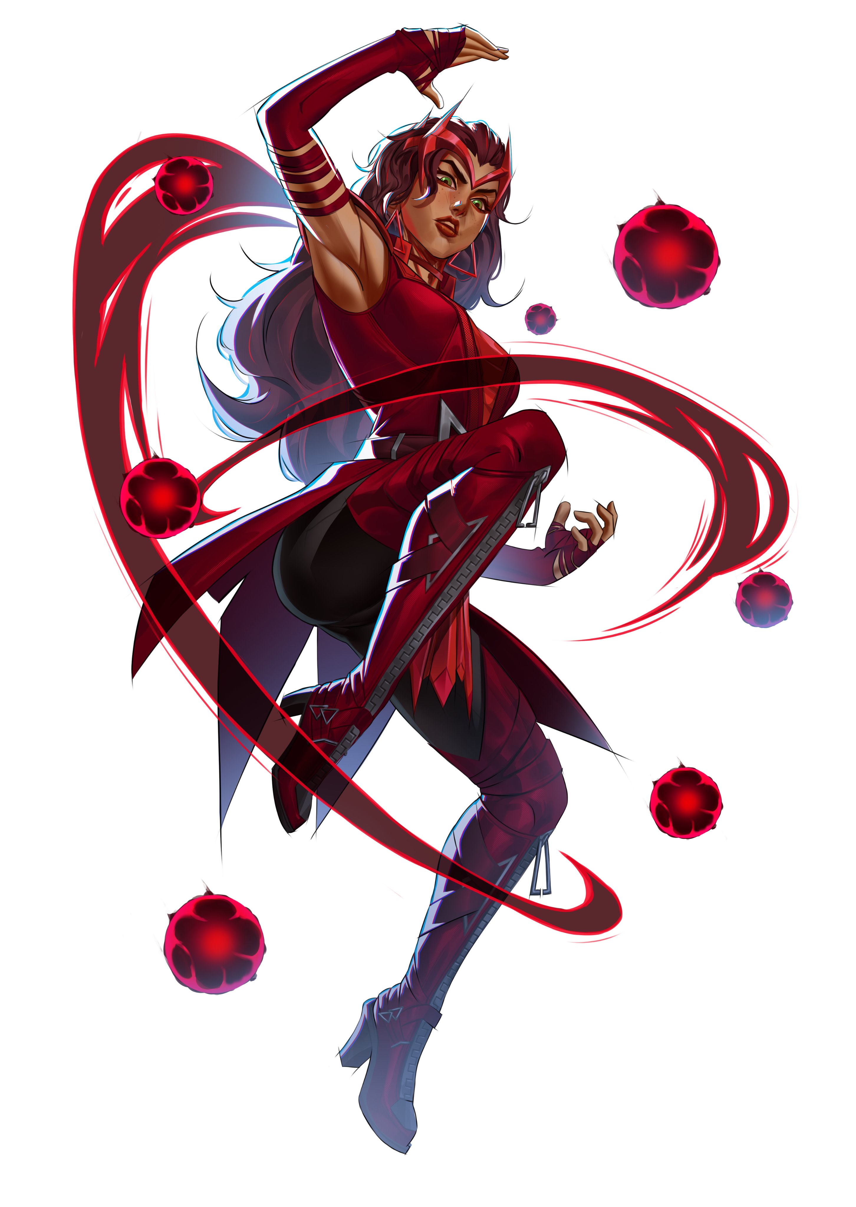 nsfwpork, scarlet witch, marvel, marvel rivals, absurdres, highres, 1girl, armpits, black pants, boots, breasts, brown hair, green eyes, high heel boots, high heels, jacket, long hair, medium breasts, pants, red boots, red jacket, simple background, sleeveless, sleeveless jacket, solo, thigh boots, white background