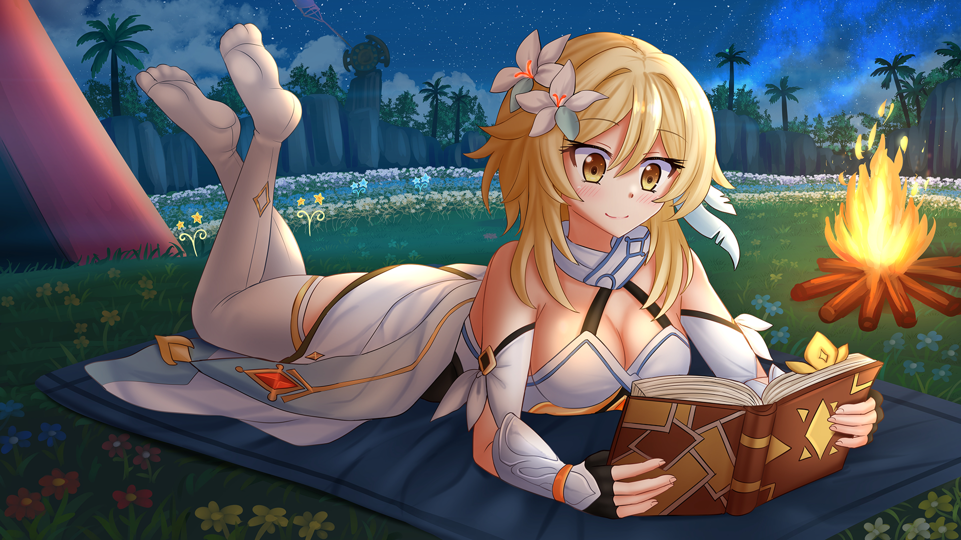 kazenokaze, lumine (genshin impact), genshin impact, commentary, commission, english commentary, highres, 1girl, bare shoulders, black gloves, blonde hair, blue flower, blush, book, breasts, campfire, cleavage, closed mouth, dress, field, fingerless gloves, fire, flower, flower field, gloves, glowing, hair flower, hair intakes, hair ornament, holding, holding book, legs up, lying, medium breasts, night, night sky, no shoes, on stomach, open book, outdoors, palm tree, sky, smile, soles, solo, star (sky), star (symbol), starry sky, tent, thighhighs, tree, white dress, white flower, white thighhighs