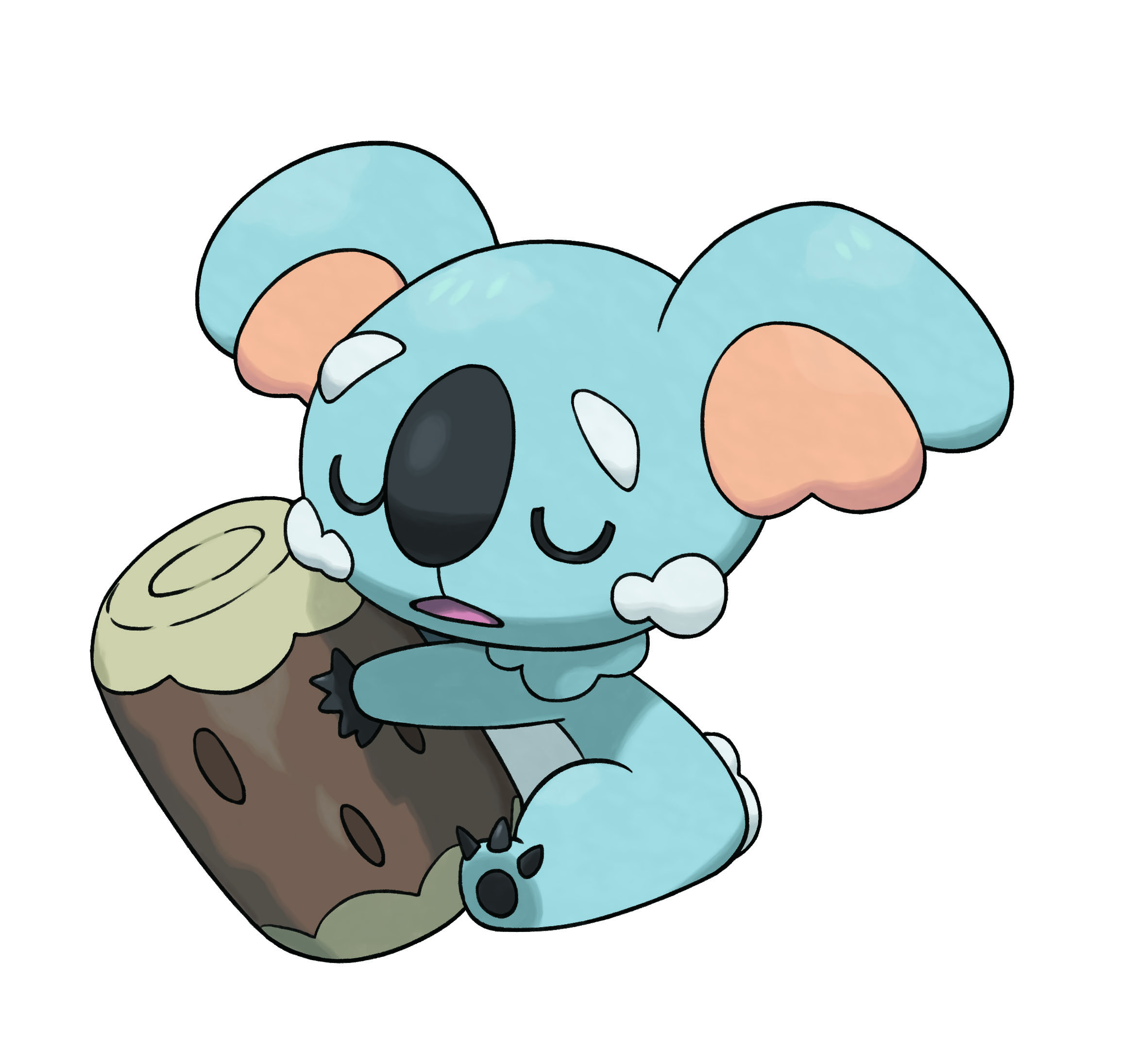 komala, nintendo, pokemon, pokemon sm, artist request, highres, official art, second-party source, full body, gen 7 pokemon, hugging object, koala, log, no humans, pokemon (creature), pokemon focus, simple background, sleeping, solo, white background