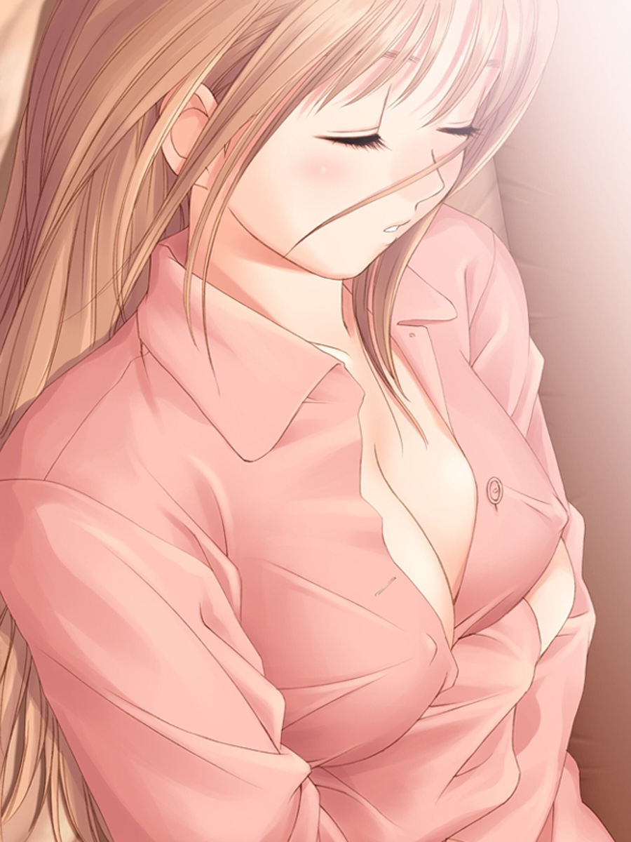 tanaka takayuki, shiomiya kanami, after, game cg, highres, resized, breasts, brown hair, cleavage, closed eyes, covered erect nipples, long hair, lying, on back, open clothes, open shirt, sleeping, solo, unbuttoned