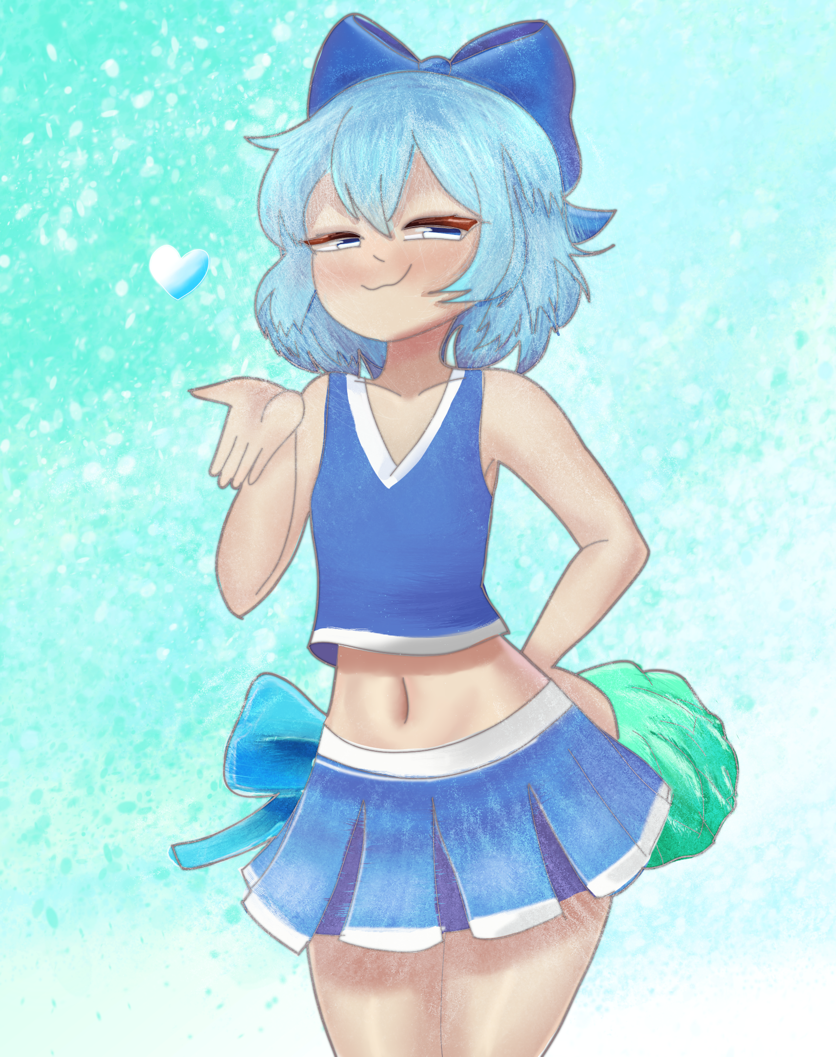 kurko1234, cirno, touhou, highres, blue bow, blue eyes, blue hair, blue skirt, bow, cheerleader, crop top, crop top overhang, flat chest, hair bow, half-closed eyes, holding, holding pom poms, midriff, miniskirt, no wings, pom pom (cheerleading), pom poms, short hair, skirt, smile, thick thighs, thighs