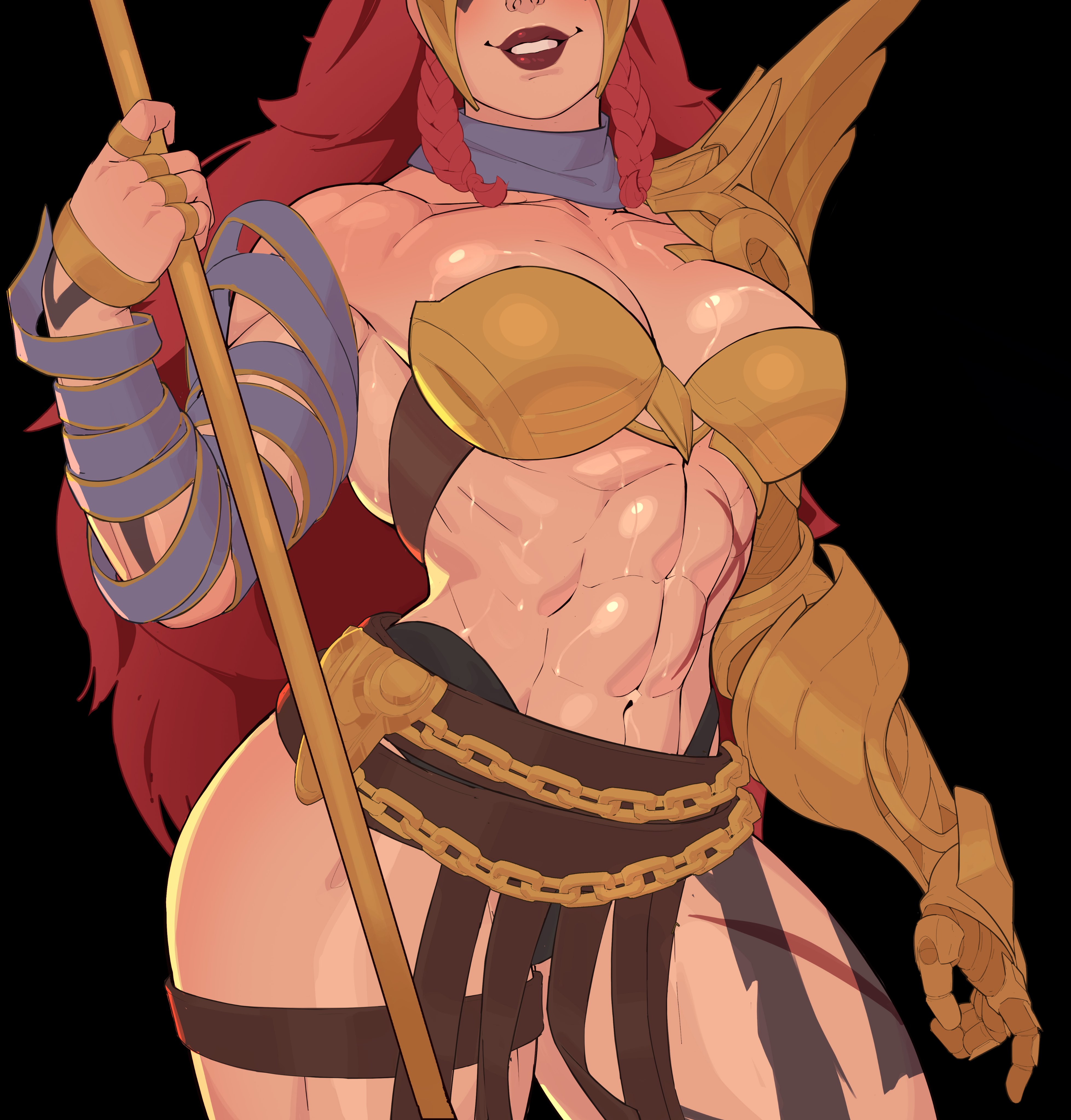 zesker, angela (marvel), marvel, marvel rivals, absurdres, highres, 1girl, abs, black background, breasts, gauntlets, holding, holding staff, jewelry, large breasts, long hair, metal bra, navel, red hair, ring, simple background, solo, staff