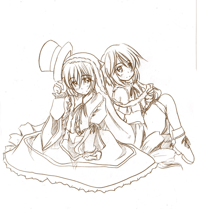 zero point, souseiseki, suiseiseki, rozen maiden, 00s, 2girls, brown theme, monochrome, multiple girls, siblings, sisters, twins