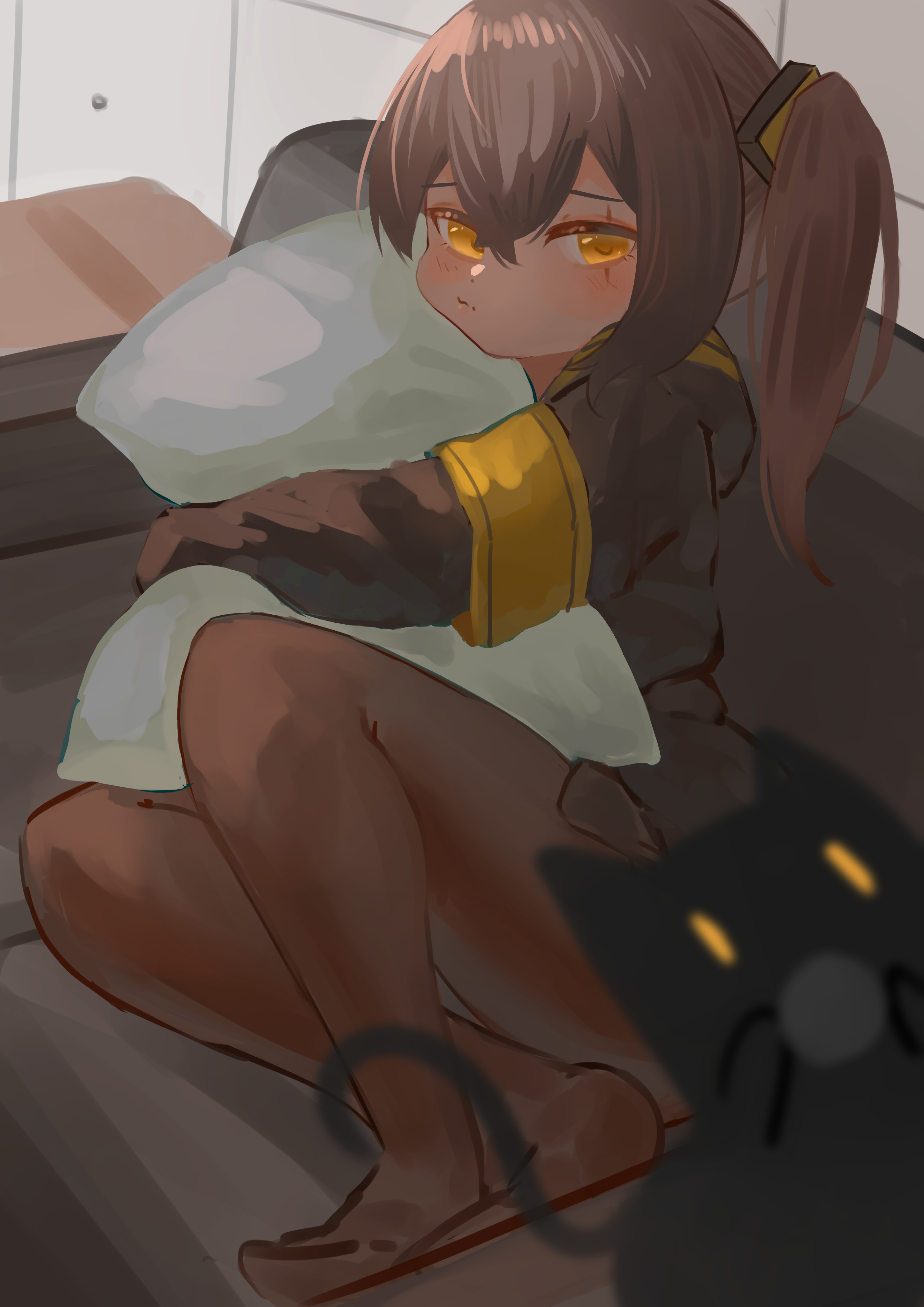 papaba, ump45 (girls' frontline), girls' frontline, absurdres, highres, 1girl, black jacket, blush, brown hair, brown pantyhose, cat, couch, hugging object, indoors, jacket, long hair, looking at viewer, on couch, one side up, pantyhose, pillow, pillow hug, scar, scar across eye, scar on face, sitting, solo, yellow eyes