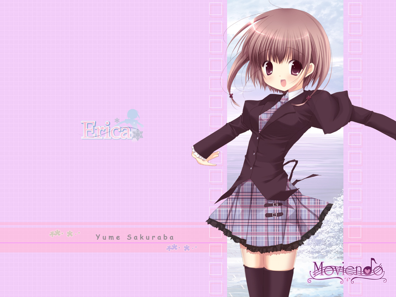 miyasaka miyu, sakuraba yume, erica (moviendo), erica, 1girl, copyright name, english text, female focus, logo, school uniform, serafuku, solo, thighhighs