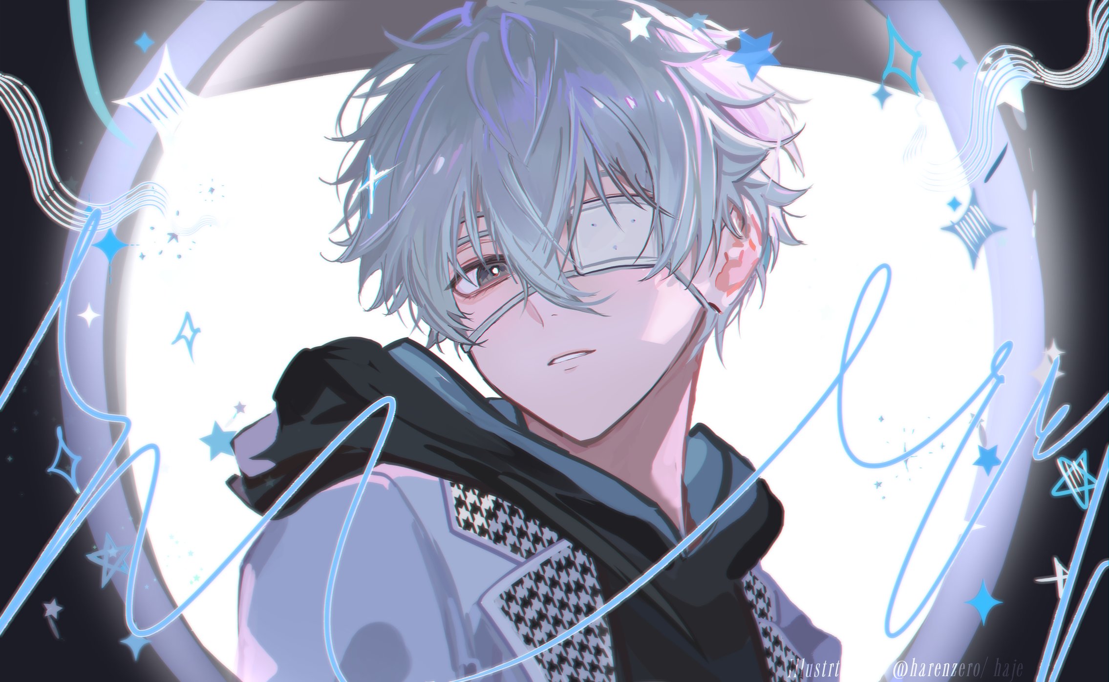 harenzero, nagi seishirou, blue lock, highres, 1boy, black eyes, black hoodie, closed mouth, eyepatch, grey hair, hair between eyes, hood, hoodie, looking at viewer, male focus, medical eyepatch, official alternate costume, short hair, solo, teeth, twitter username, upper body