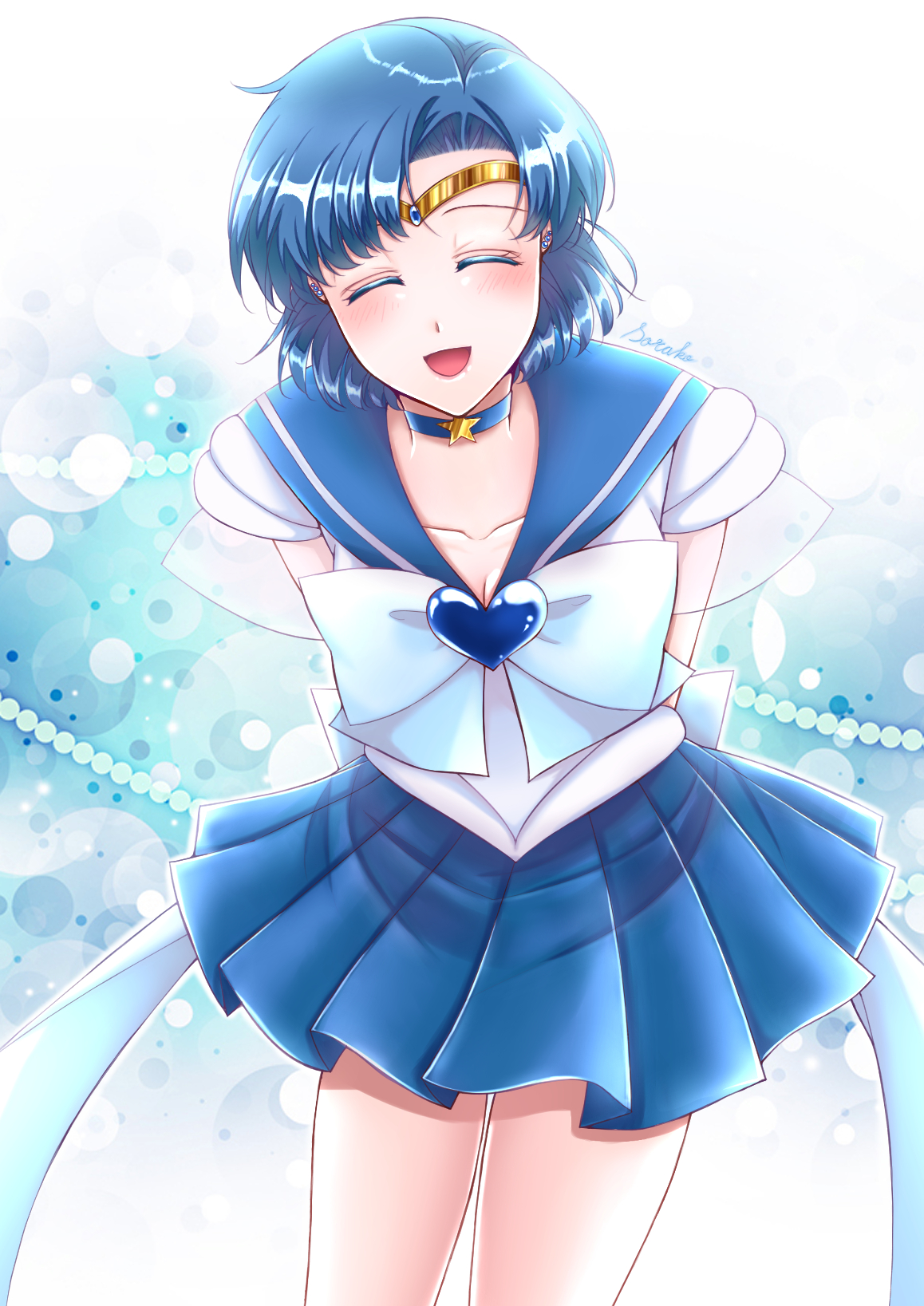 bluechocomint, mizuno ami, sailor mercury, super sailor mercury, bishoujo senshi sailor moon, highres, 1girl, back bow, blue choker, blue eyes, blue hair, blue sailor collar, blue skirt, bow, breasts, brooch, choker, circlet, cleavage, collarbone, earrings, elbow gloves, gloves, heart, heart brooch, jewelry, sailor collar, sailor senshi uniform, short hair, skirt, smile, star (symbol), star choker, white gloves