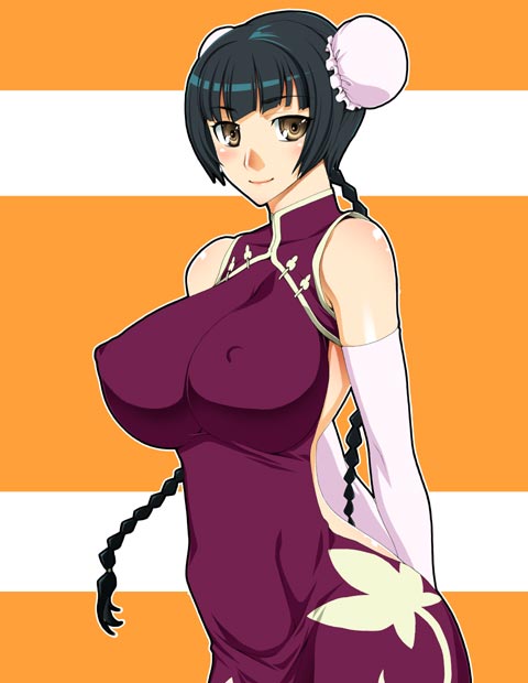 unagimaru, wang liu mei, gundam, gundam 00, 00s, black hair, breasts, bun cover, china dress, chinese clothes, curvy, dress, huge breasts, solo