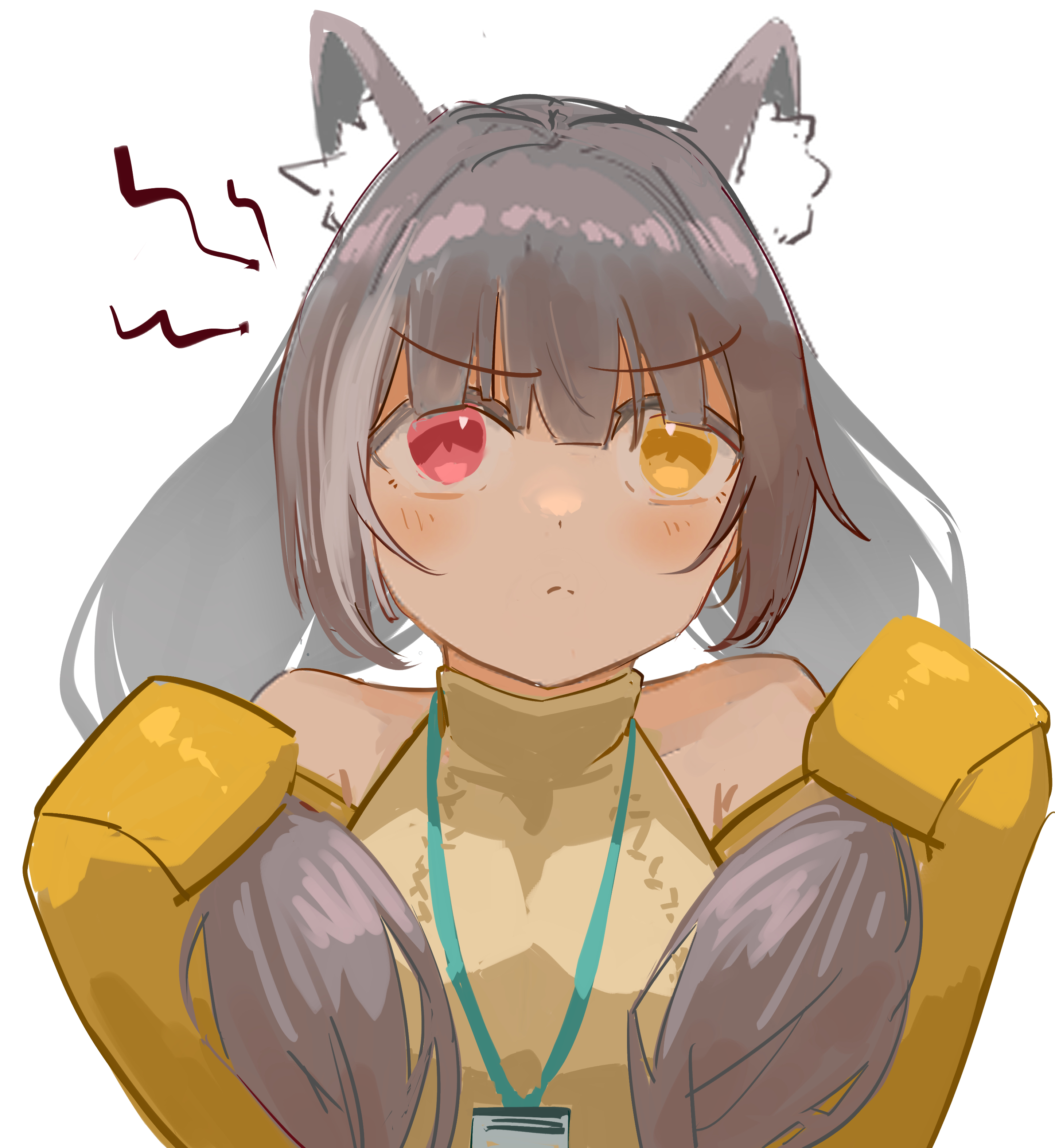 papaba, ro635 (girls' frontline), girls' frontline, absurdres, highres, 1girl, animal ear fluff, animal ears, bare shoulders, blush, cat ears, cat girl, frown, heterochromia, id card, jacket, kemonomimi mode, lanyard, looking at viewer, off shoulder, open clothes, open jacket, red eyes, simple background, sleeveless, sleeveless sweater, sleeves past fingers, sleeves past wrists, solo, sweater, upper body, white background, yellow eyes, yellow jacket, yellow sweater