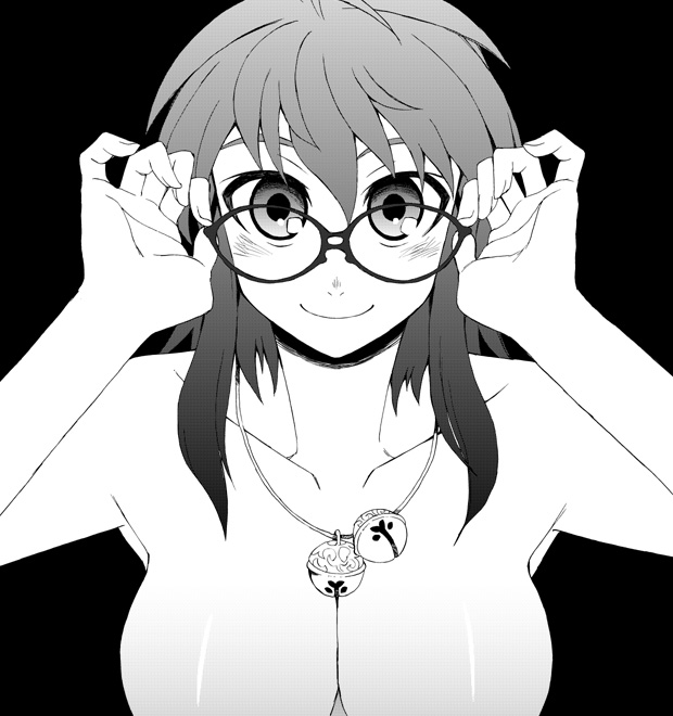 kusanagi tonbo, original, 1girl, adjusting eyewear, breasts, cleavage, female focus, glasses, greyscale, large breasts, monochrome, out-of-frame censoring, solo, topless frame, upper body