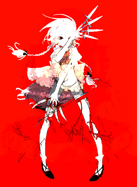 izayoi sakuya, touhou, silver hair, 1girl, between fingers, braid, female focus, holding, short hair, solo, twin braids