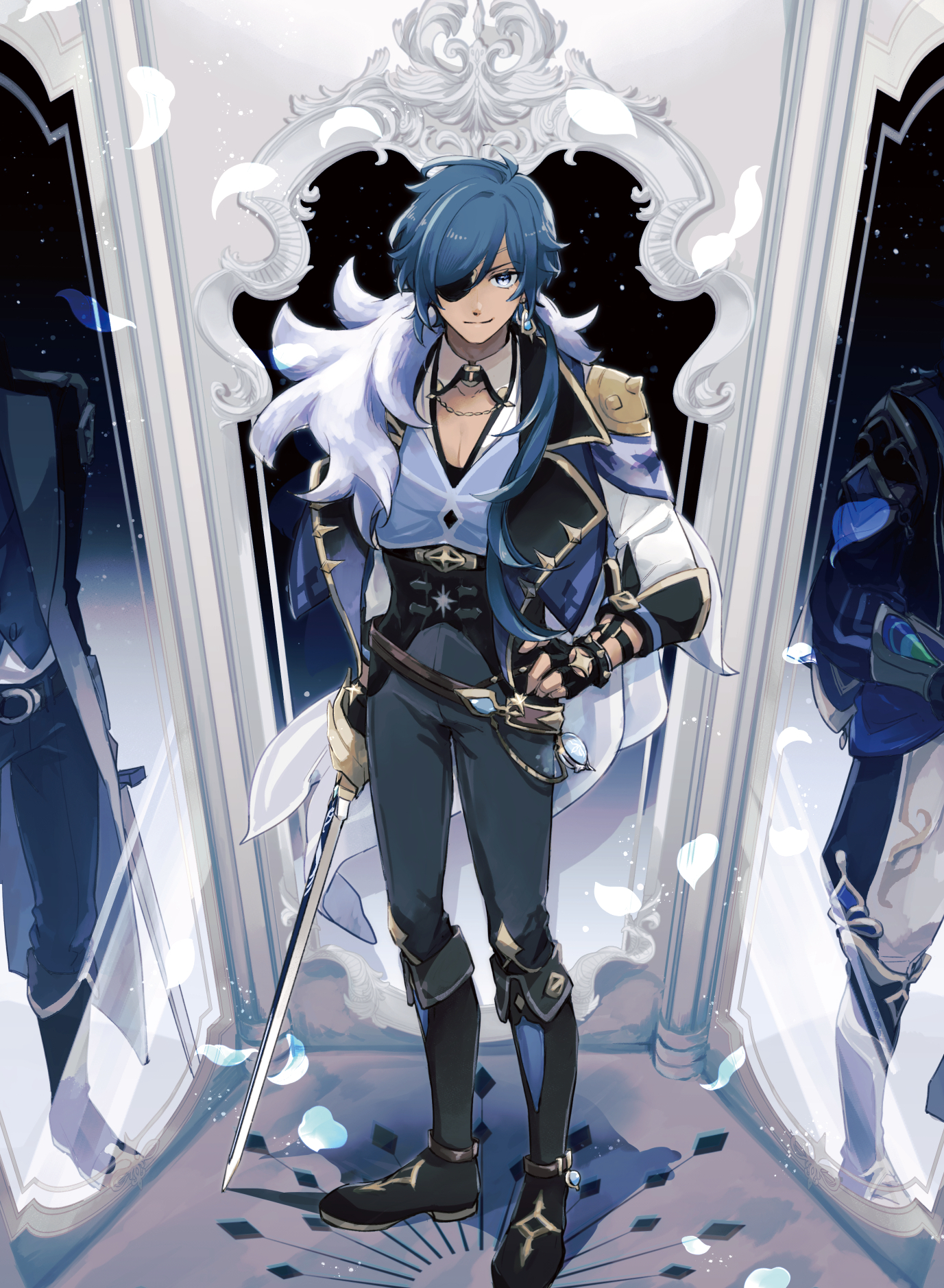 nendo (n), kaeya (genshin impact), kaeya (sailwind shadow) (genshin impact), genshin impact, commentary, english commentary, highres, 1boy, antenna hair, armband, belt, black boots, black corset, black gloves, blue armband, blue eyes, blue hair, blue vest, boots, bracelet, brown belt, cape, cleavage cutout, closed mouth, clothing cutout, collared shirt, corset, dark-skinned male, dark skin, different reflection, earrings, eyepatch, falling petals, favonius sword (genshin impact), fingerless gloves, fold-over boots, fur-trimmed cape, fur trim, gloves, gold trim, grey cape, grey pants, hair between eyes, hair over shoulder, hand on own hip, holding, holding sword, holding weapon, jewelry, lapels, light particles, long hair, long sleeves, looking at viewer, low ponytail, male focus, mirror, multicolored hair, one eye covered, pants, parted bangs, pectoral cleavage, pectorals, petals, ponytail, reflection, shirt, single earring, sleeve cuffs, smile, smirk, solo, spiked bracelet, spikes, standing, streaked hair, swept bangs, sword, vest, vision (genshin impact), weapon, white shirt, wing collar
