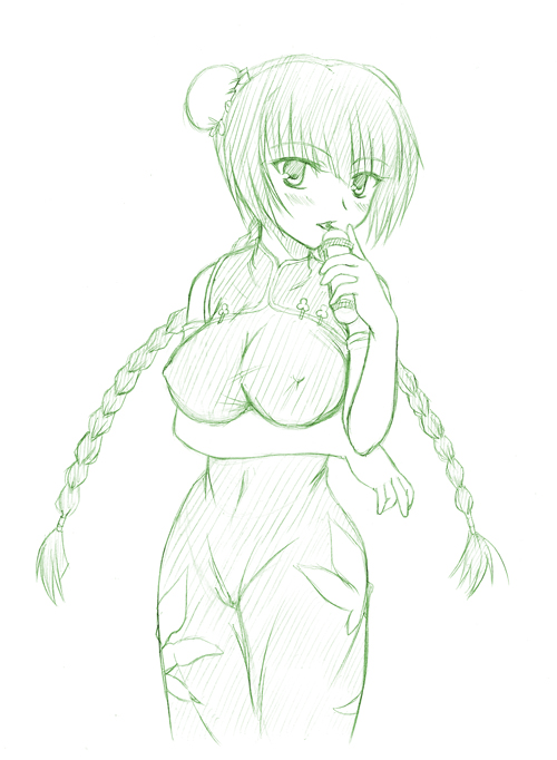 johnny (from scratch), wang liu mei, gundam, gundam 00, 00s, 1girl, braid, breast rest, breasts, bun cover, china dress, chinese clothes, double bun, dress, female focus, green theme, hair bun, impossible clothes, impossible dress, large breasts, monochrome, solo, twin braids